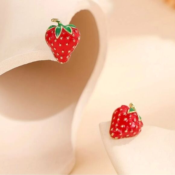 Red Strawberry Stud Earrings - Picture 3 of 5